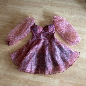 Missord Crimson Floral Ditsy Lantern Sleeve Mini Dress Small